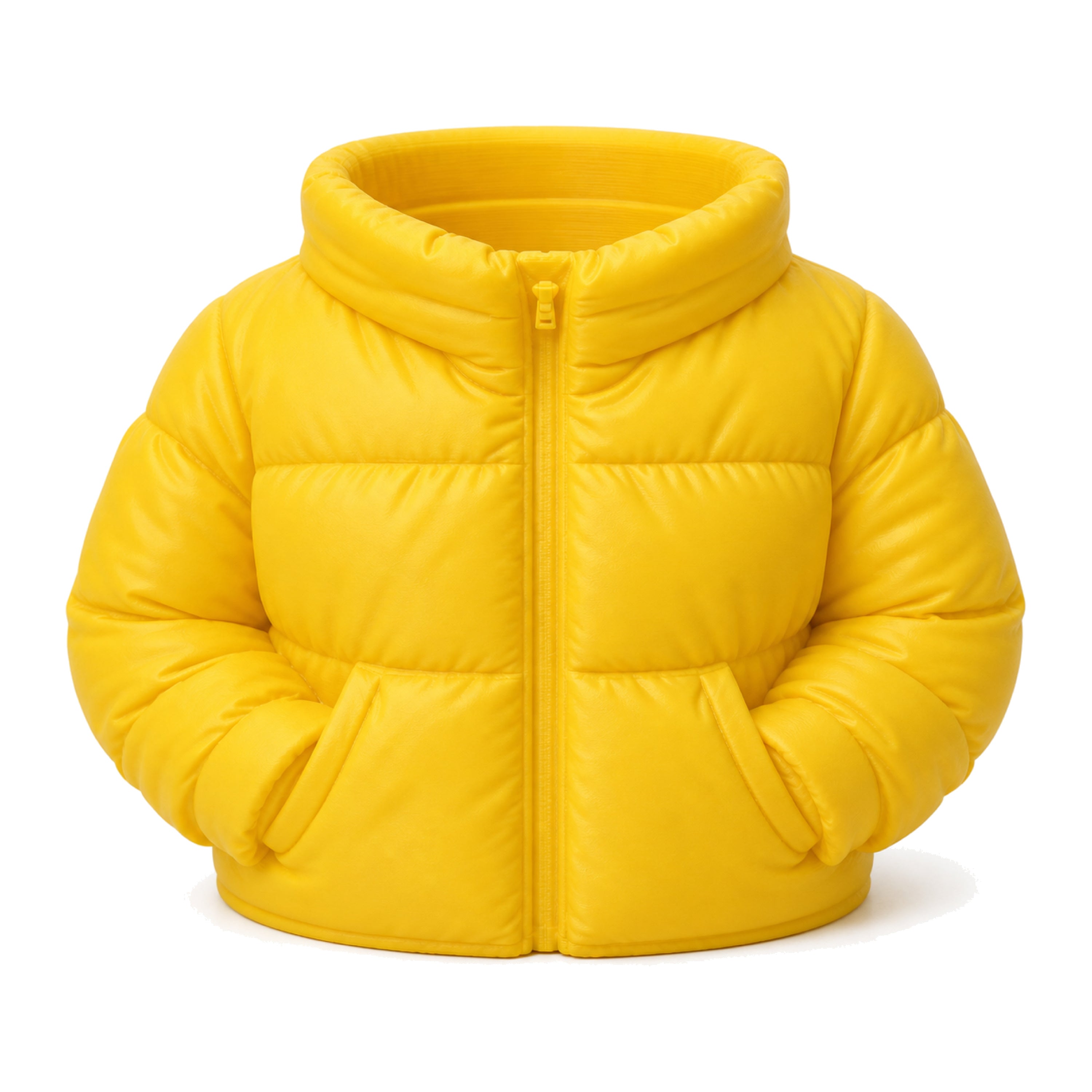 Puffer jacket pen holder shown front-on against a plain white background