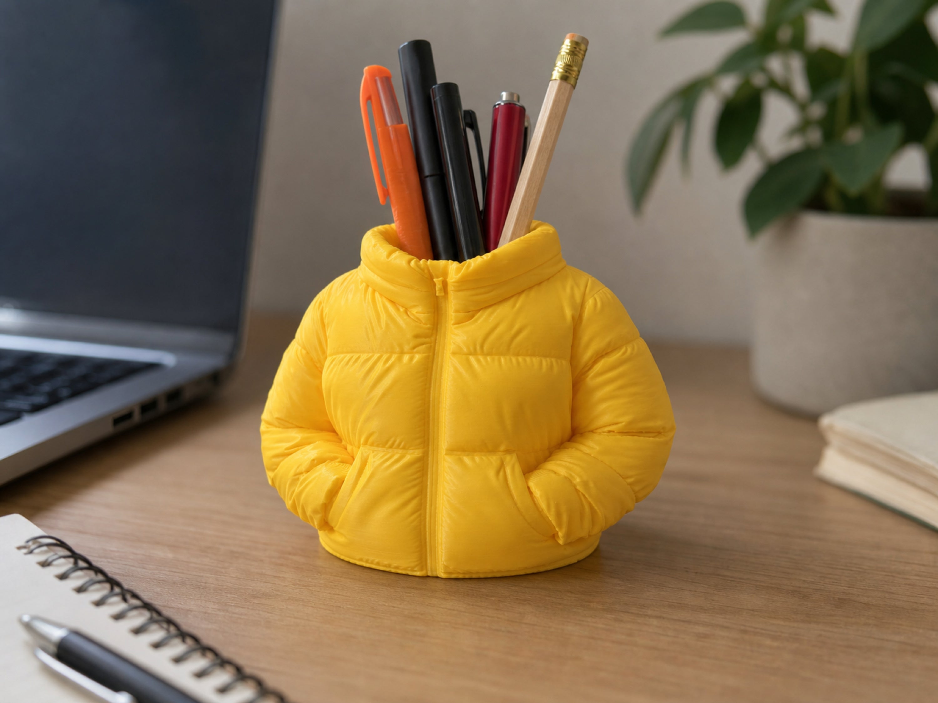 Puffer jacket pen holder in marigold yellow on a desk, holding pens and pencils beside a laptop