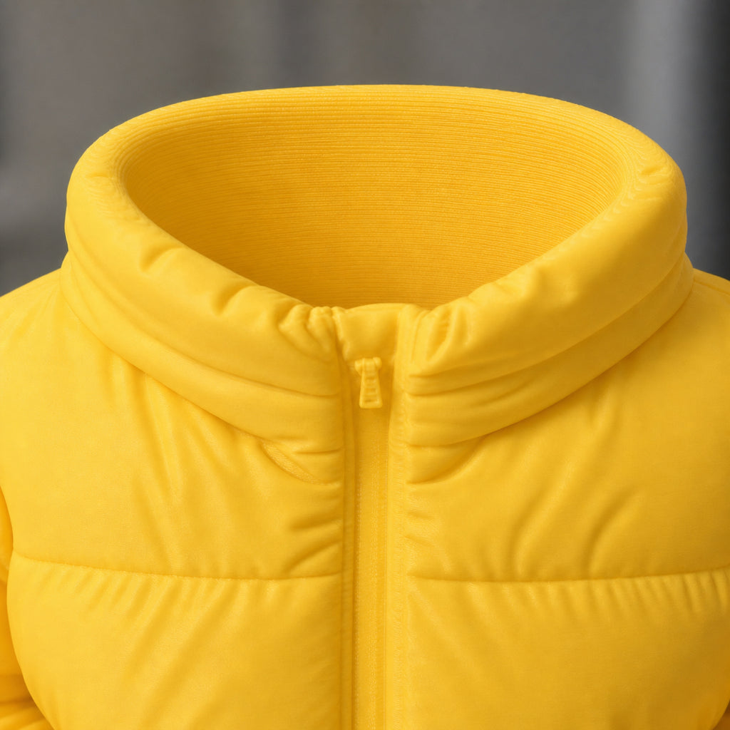 Close-up of the stand-up collar opening and sculpted quilting on the puffer jacket pen holder