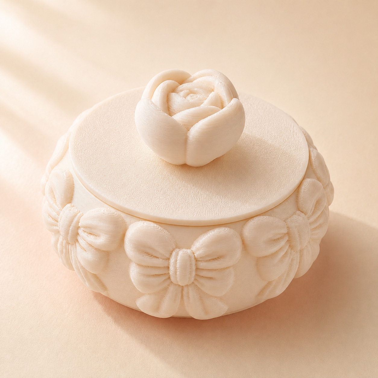 Bow Bangle Box with Rose Lid — Light Beige