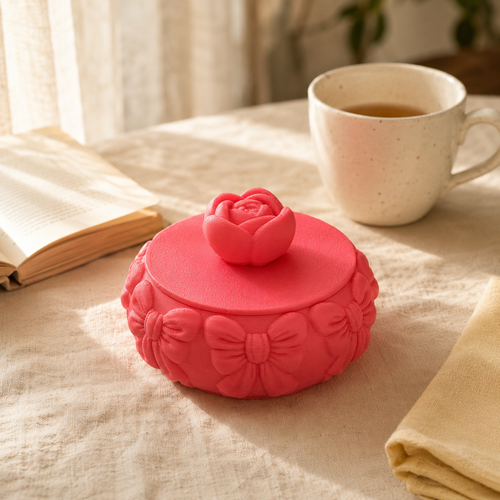 Bow Bangle Box styled on a table with a book and tea