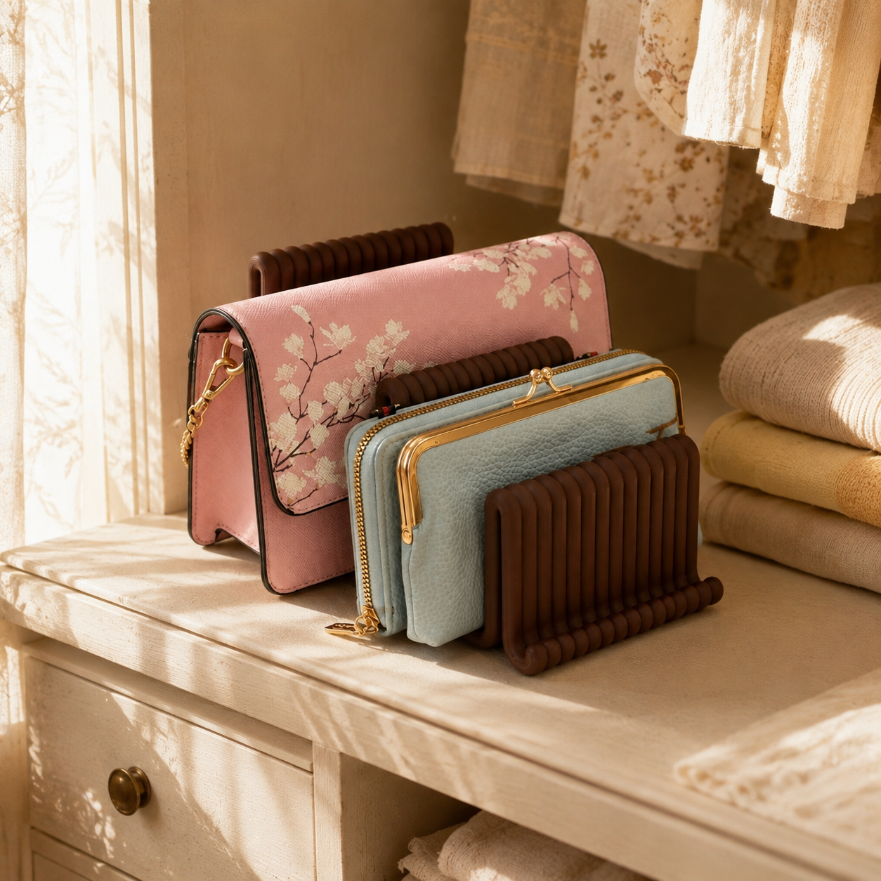 Double Vertical Purse Holder styled in a wardrobe with a purse and wallet