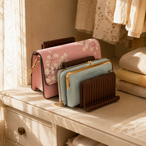 Double Vertical Purse Holder styled in a wardrobe with a purse and wallet