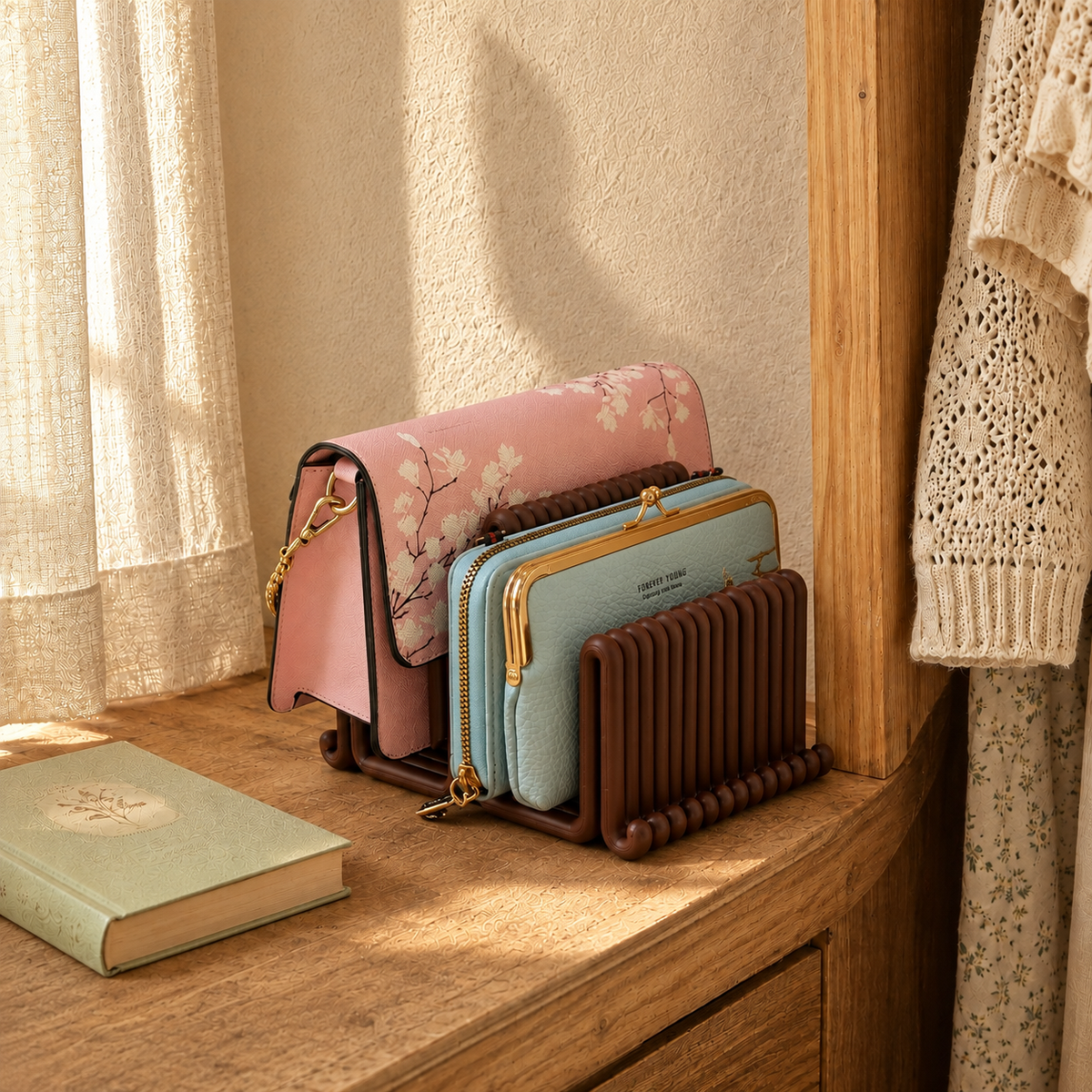 Double Vertical Purse Holder on a dresser with a purse and wallet