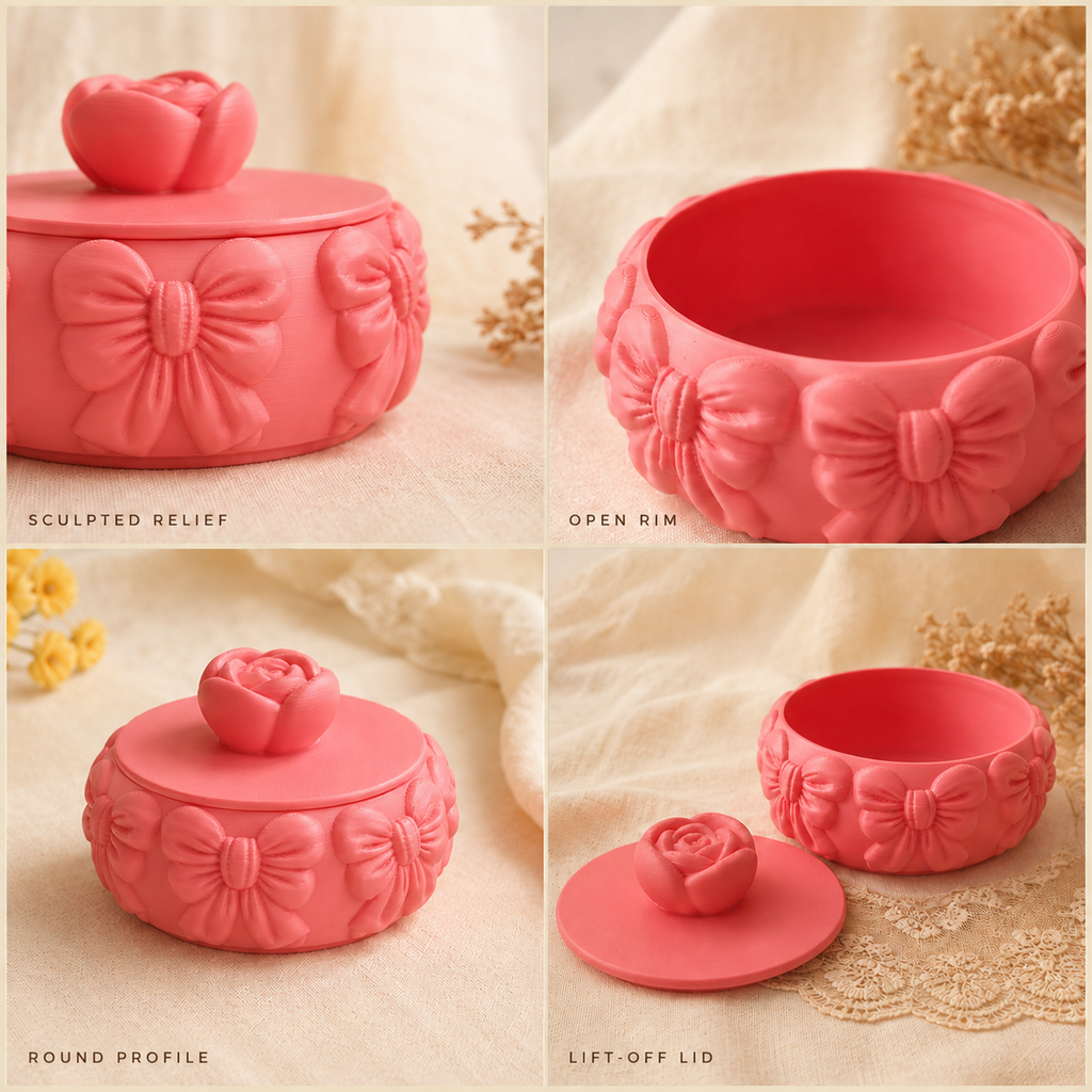 Detail views: sculpted relief, open rim, round profile, lift-off lid
