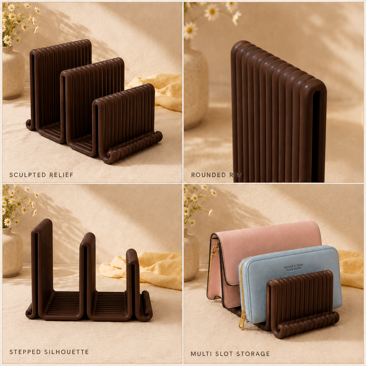Detail views: sculpted relief, rounded rim, stepped silhouette, multi-slot storage